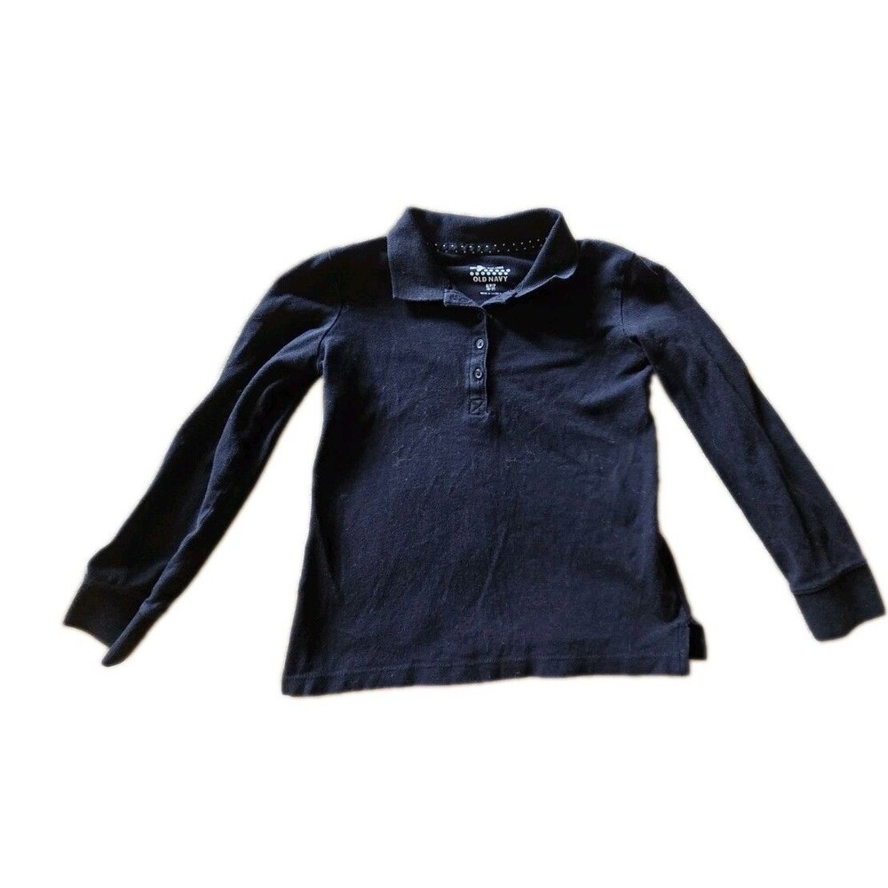 Old Navy Polo Solid Black Long Sleeves Girls Sz S 6 - 7 Blouse Uniform Top Shirt